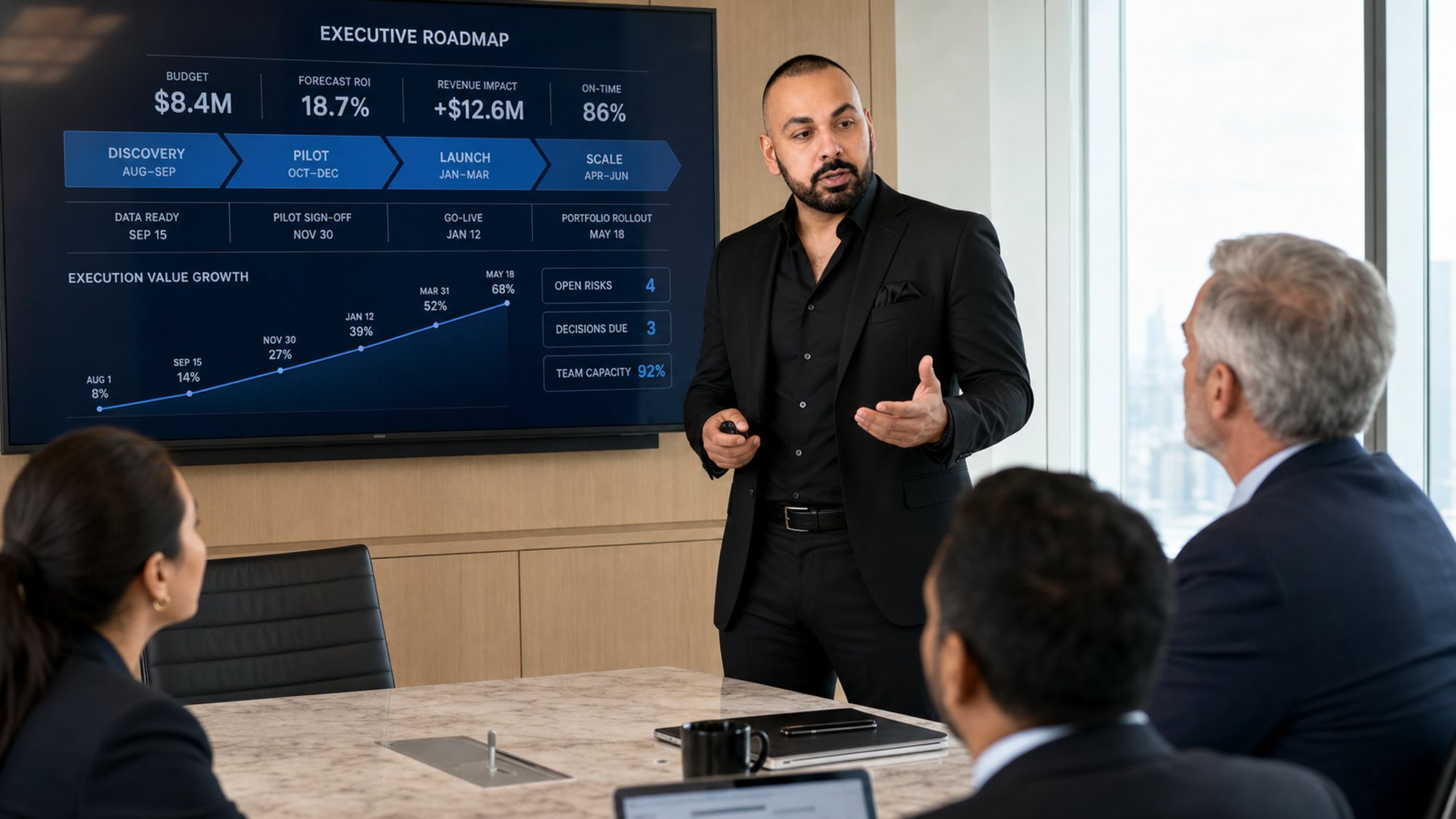 Rahim Syed presenting an executive roadmap with stage gates and delivery metrics in a boardroom program review