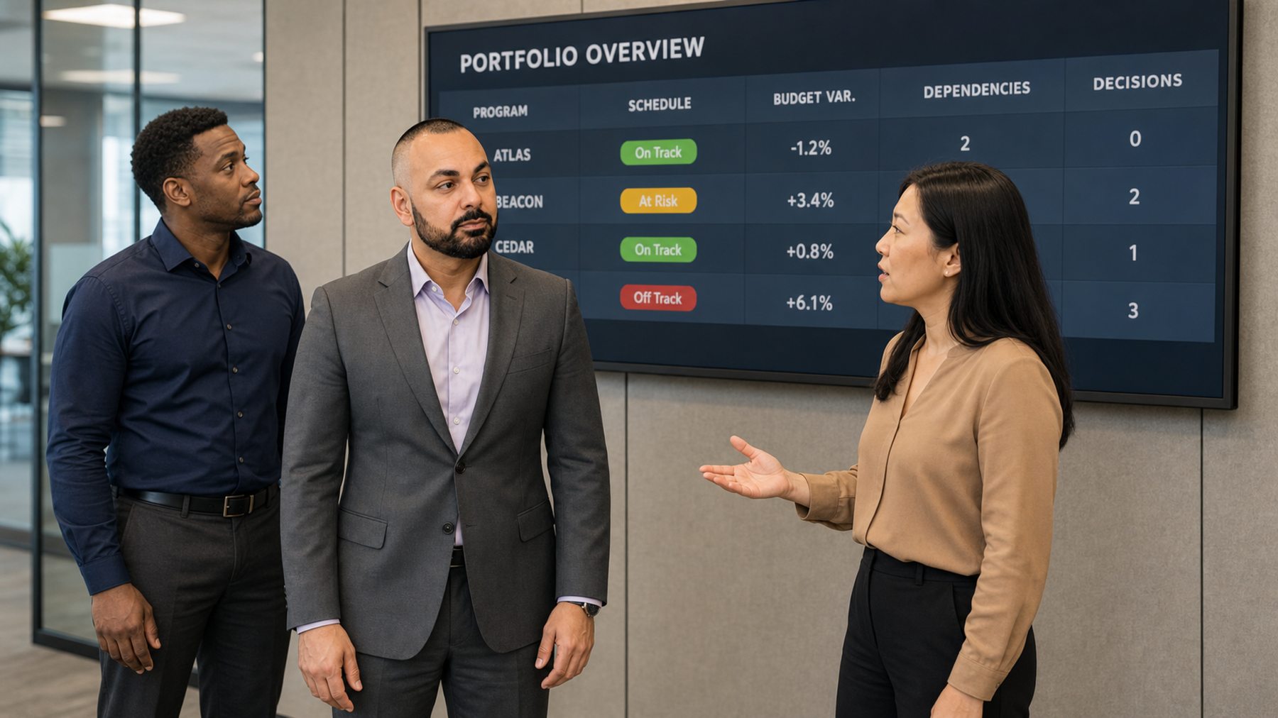 Rahim Syed reviewing a portfolio overview board showing program status, variance, dependencies, and decisions
