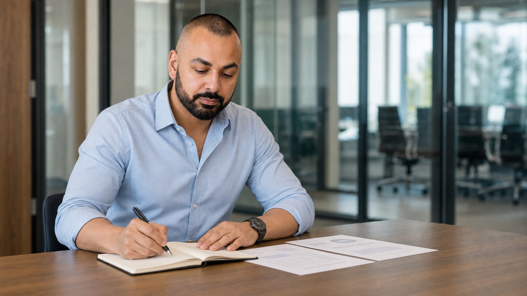 Rahim Syed reviewing an inquiry and preparing notes before a meeting