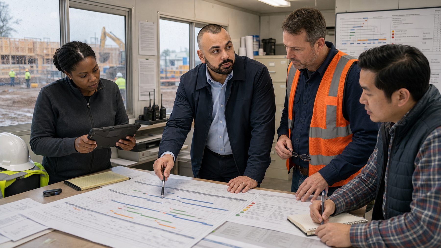 Rahim Syed reviewing the program schedule with the site team in the construction trailer