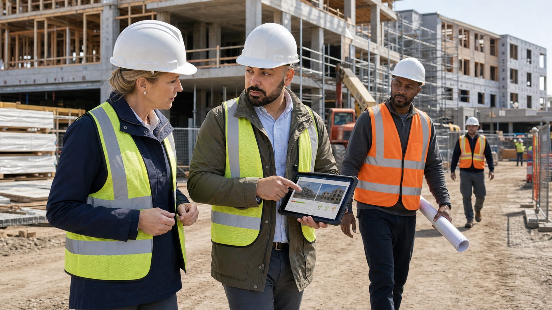 Rahim Syed on a site walkthrough with the owner's team, reviewing progress on a tablet