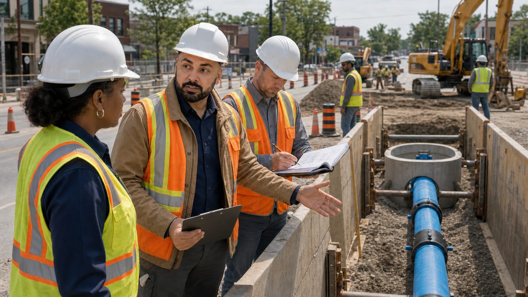 Rahim Syed inspecting municipal watermain infrastructure works with the delivery team